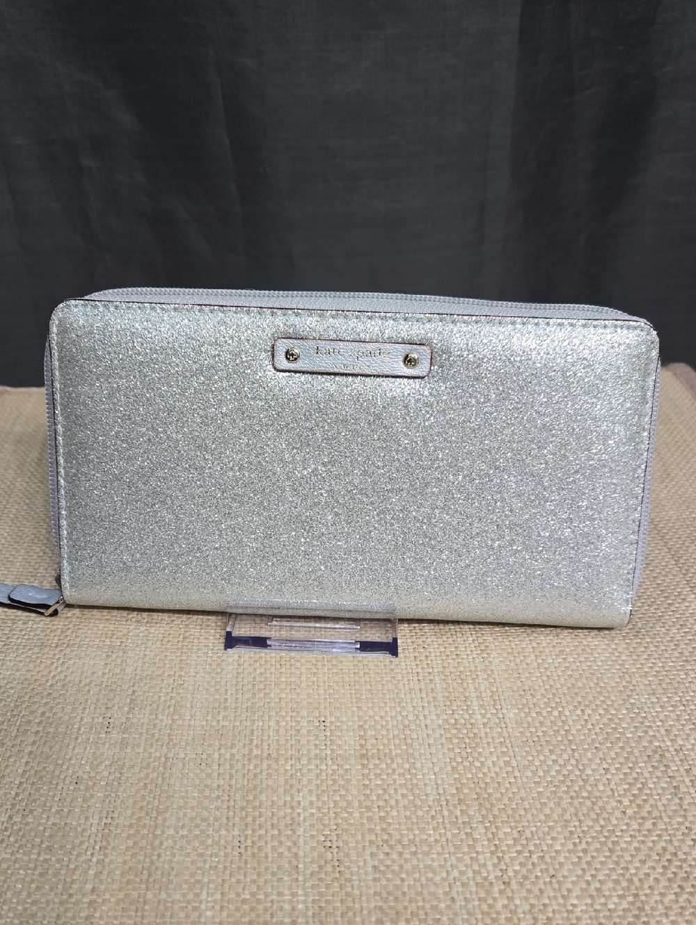 NWOT kate spade Silver Glitter Zip-Around Wallet with Logo Plate